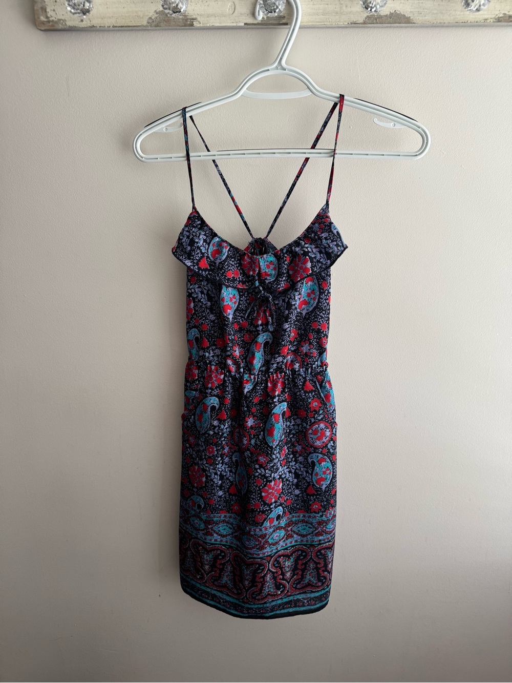 American Eagle Sleeveless Paisley Print Spaghetti Strap Dress in Navy and Teal